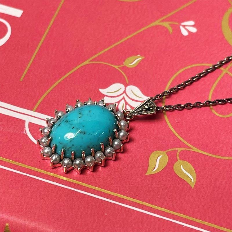 Beautiful Silver, Pearl and Turquoise Jane Austen Cabochon Necklace