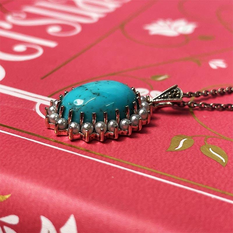 Beautiful Silver, Pearl and Turquoise Jane Austen Cabochon Necklace