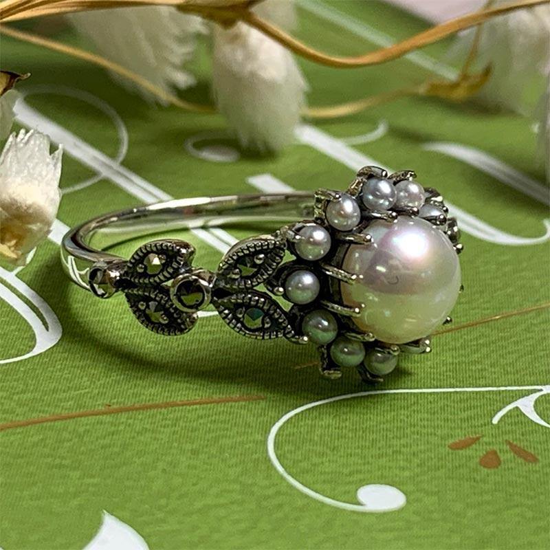 Dashwood Marcasite and Freshwater Pearl Silver Ring - JaneAusten.co.uk