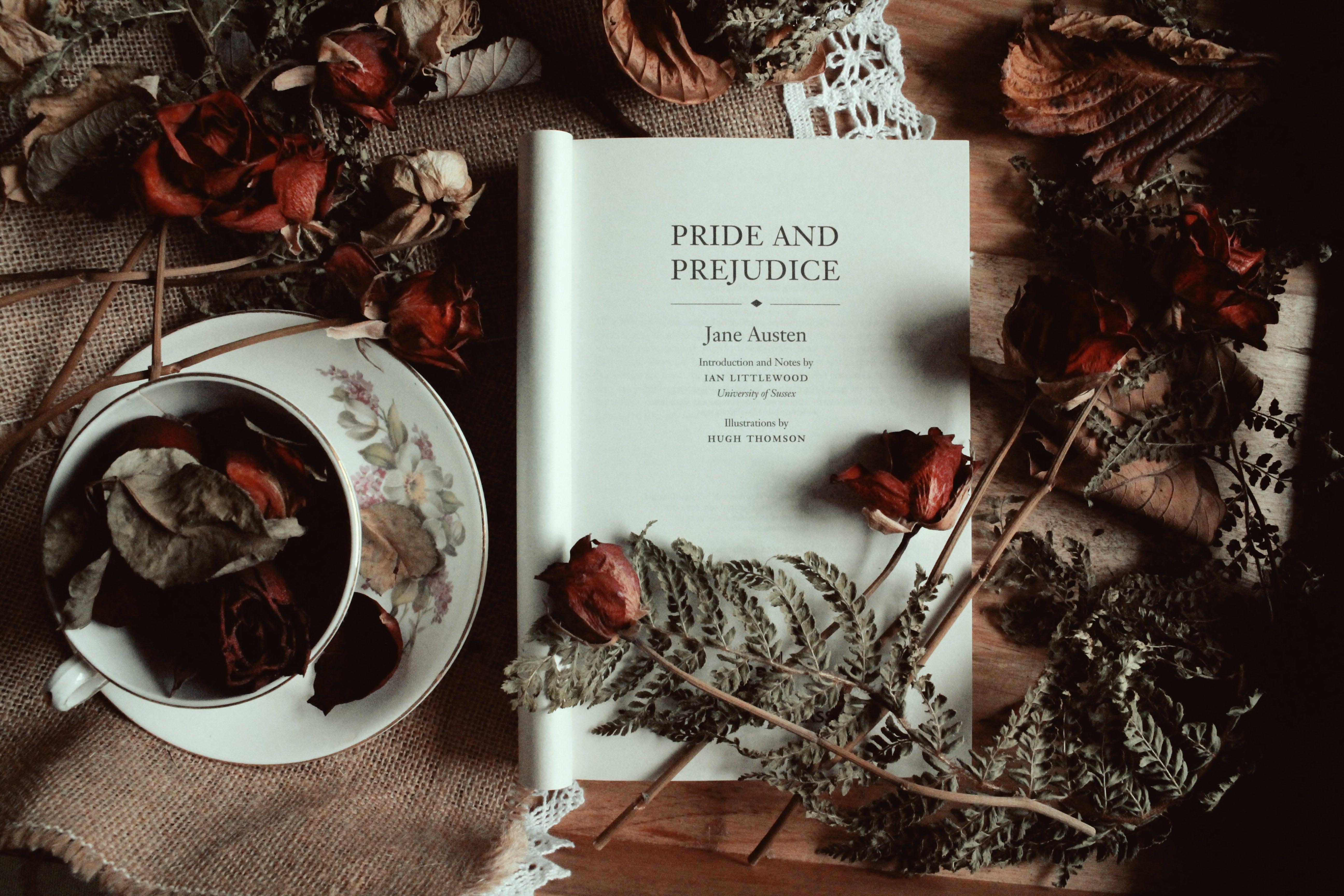 Pride and Prejudice surrounded by dried flowers