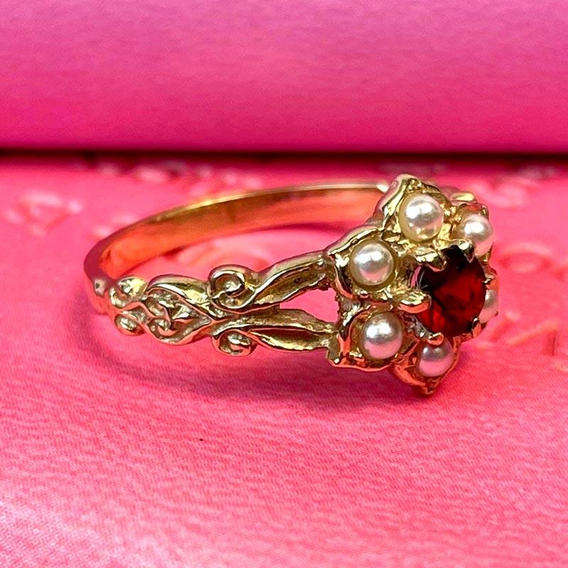 Jane Austen Regency Flower Ring - Gold Plated with Garnet and Pearl