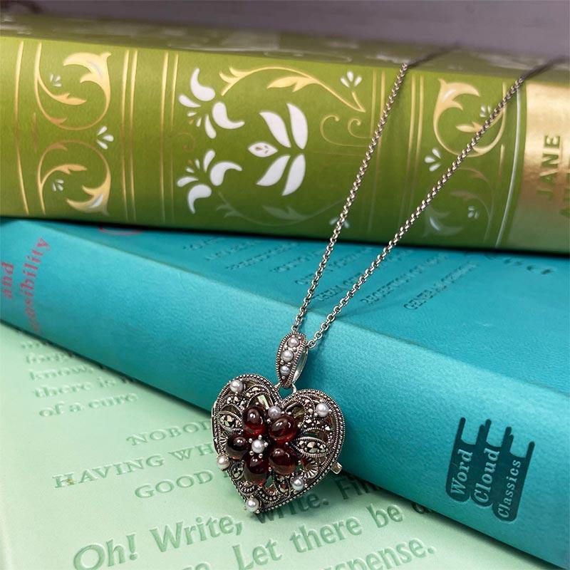 Garnet Heart Locket Necklace - Marcasite, Freshwater Pearl and Silver