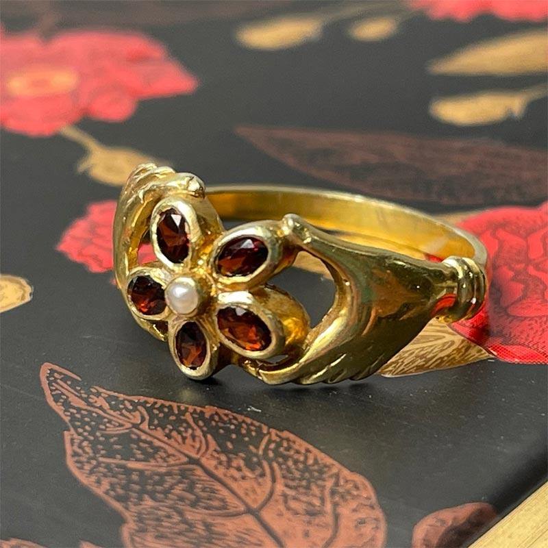 Gold Plated Regency Ring with Garnet and Pearl