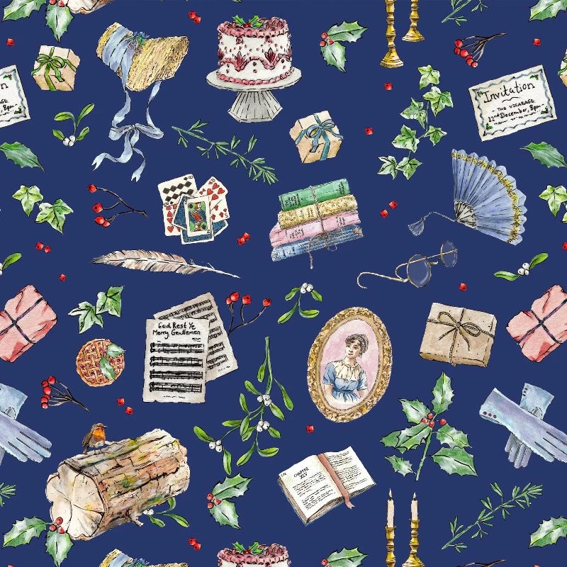 Designed by hand, this rich navy gift wrap is sprinkled with meticulously illustrated items to put you in the festive spirit, as well as some subtly and not-so-subtly hints to your favourite author: mistletoe, playing cards, a Christmas robin, a stack of books, Jane Austen's famous portrait, and even more.