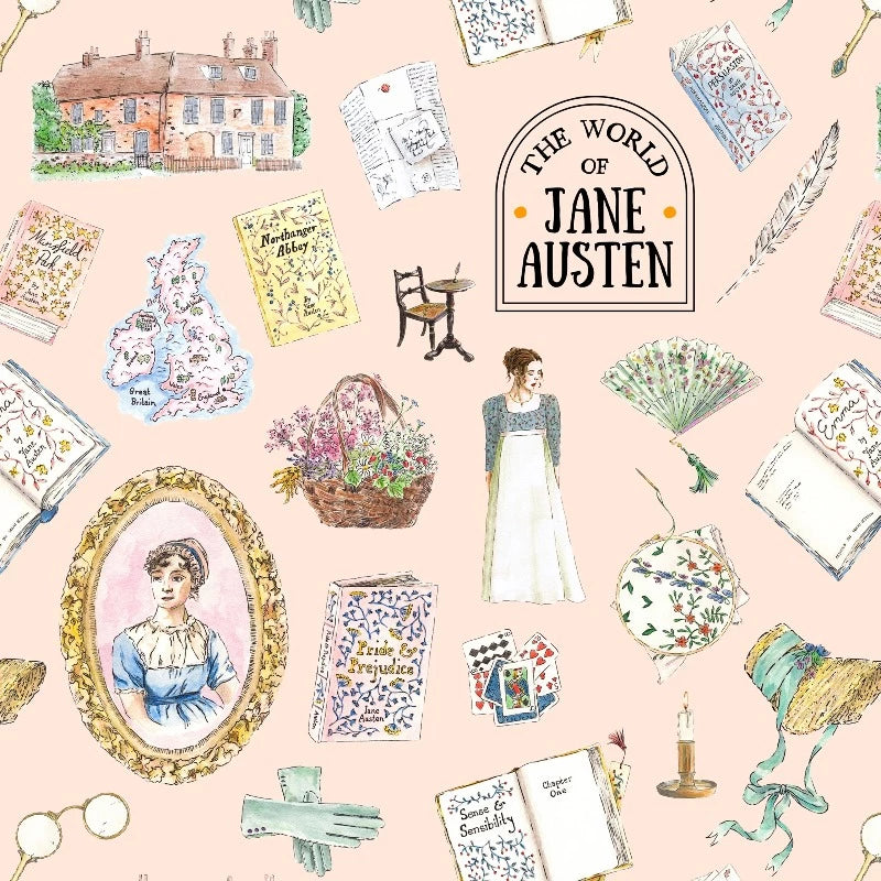 Designed by hand, this rosy pink gift wrap is sprinkled with meticulously illustrated items to make any Jane Austen fan rejoice: Regency bonnets, a set of playing cards, lady's gloves, Jane Austen's famous writing desk, and even more.