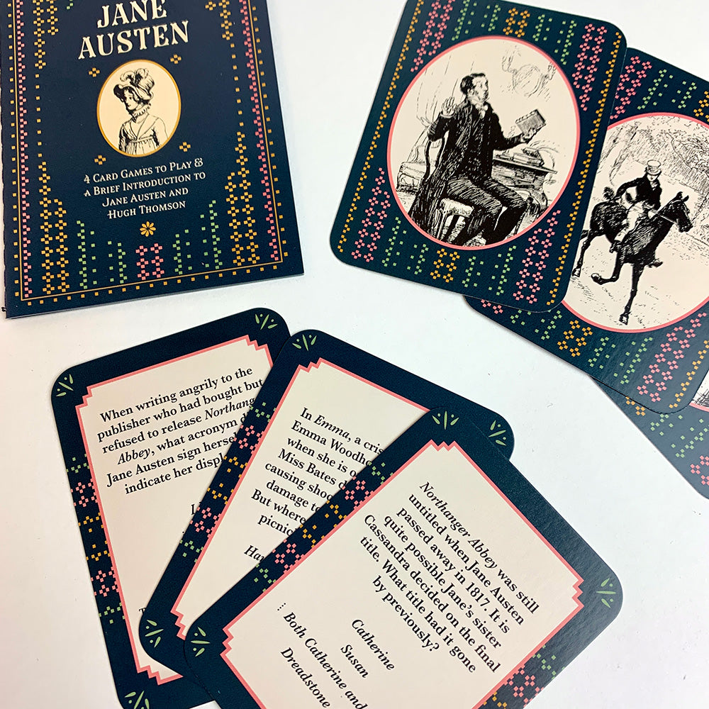  Regale with all things Regency and put your knowledge to the test with 52 trivia and game cards, each one featuring a multiple-choice trivia question, charade, game or challenge about Jane Austen and her beloved classics.