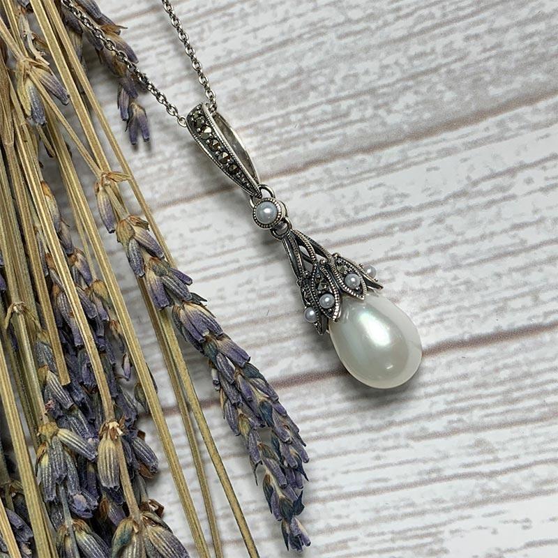 Dashwood Freshwater Pearl and Marcasite Silver Necklace - JaneAusten.co.uk