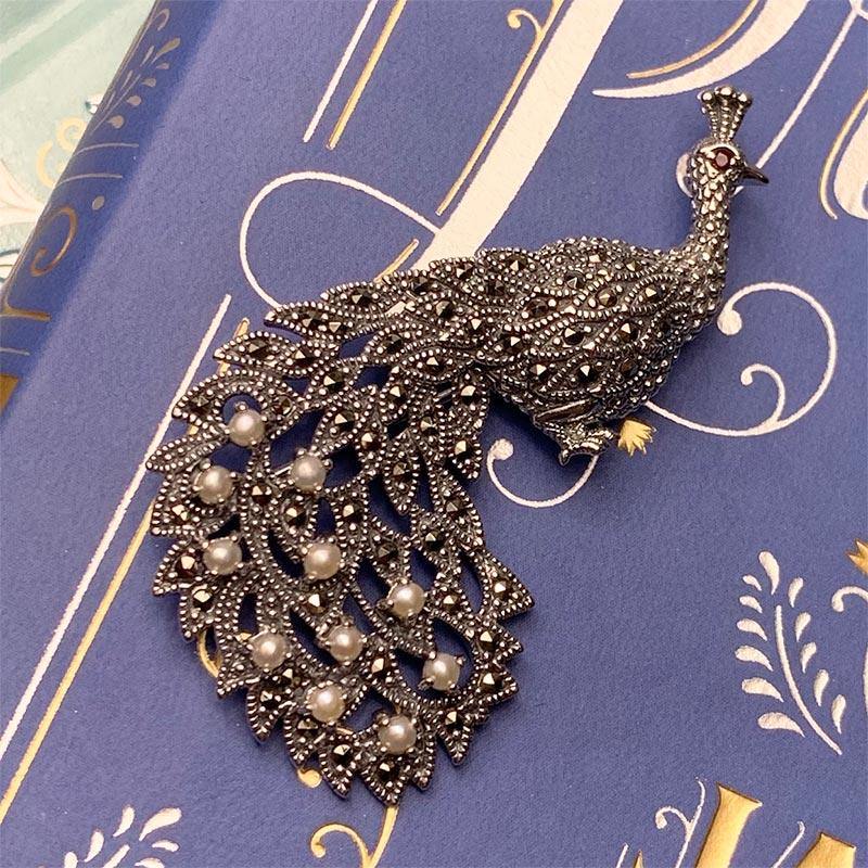 Pride and Prejudice Silver, Marcasite and Pearls Peacock Brooch