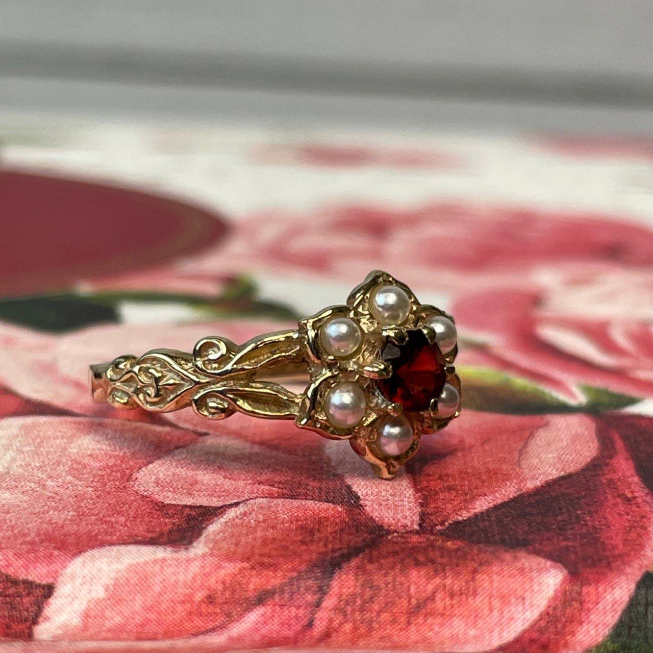 Jane Austen Regency Flower Ring - Gold Plated with Garnet and Pearl