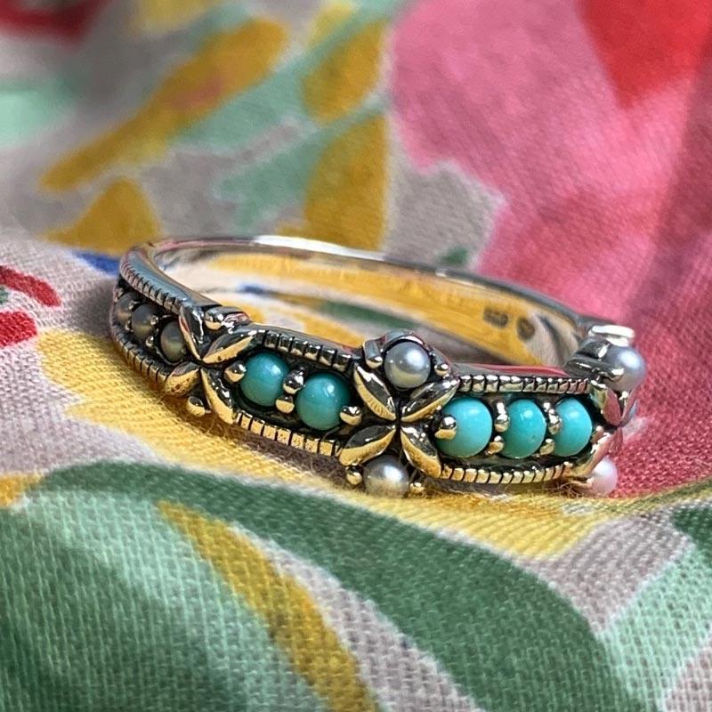 Turquoise & Freshwater Pearl Sterling Silver Ring - JaneAusten.co.uk