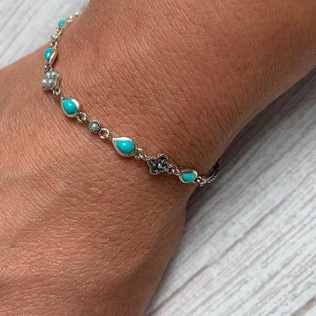 Delicate Silver Bracelet set with Turquoise, Marcasite and Freshwater Pearls - JaneAusten.co.uk