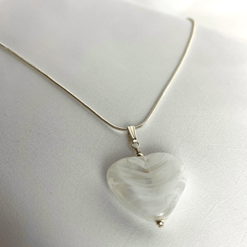 Heart of Bath Necklace. The swirled glass pendent hangs from the sterling silver chain. A lovely gift for a lover of Regency Bath and Jane Austen