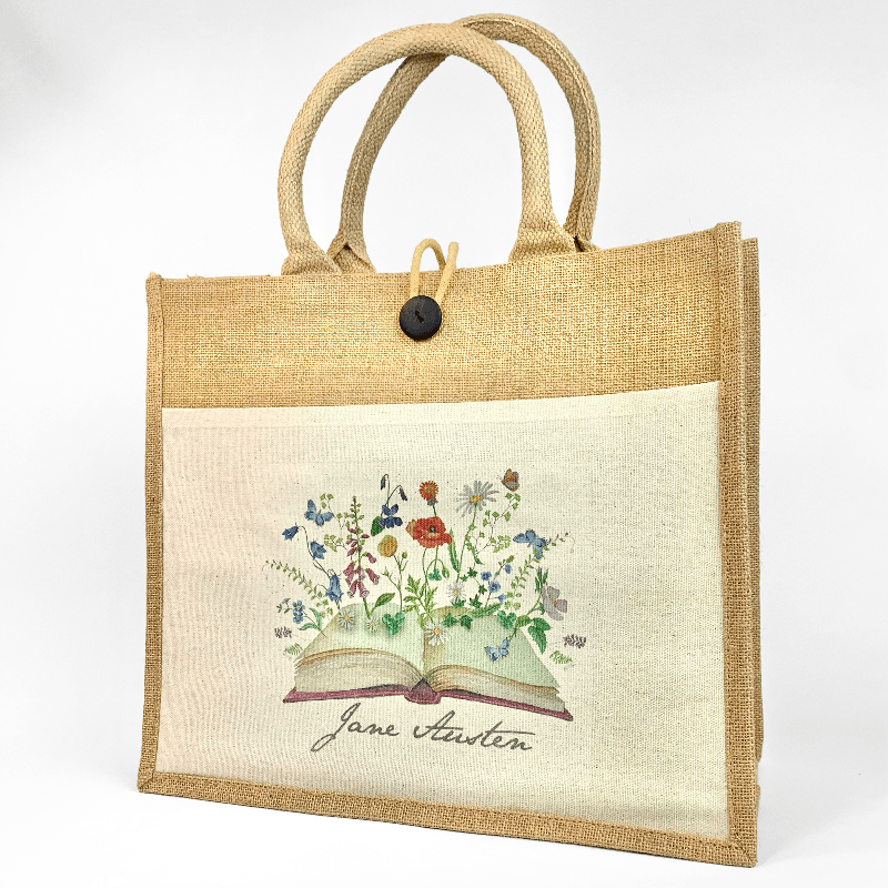 The Jane Austen Jute bag is shown here with an open book design with illustrated flowers blooming from the pages. Making it perfect for any lover of Jane Austen novels